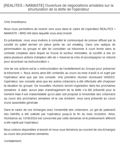 5 Sept 2024 REALITES NAMASTE Ouverture de négociations amiables sur la structuration de la dette de l'opérateur 5 Sept 2024 REALITES NAMASTE Ouverture de négociations amiables sur la structuration de la dette de l'opérateur